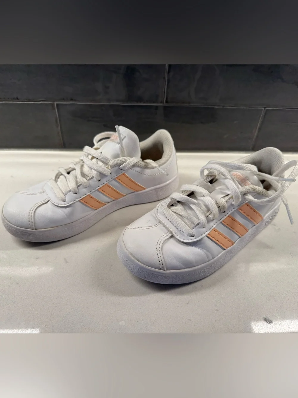adidas Kids White Sneakers with Peach Stripes